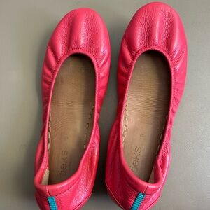 Tieks Poppy Red Leather Ballet Flats with Teal Heel Tab
